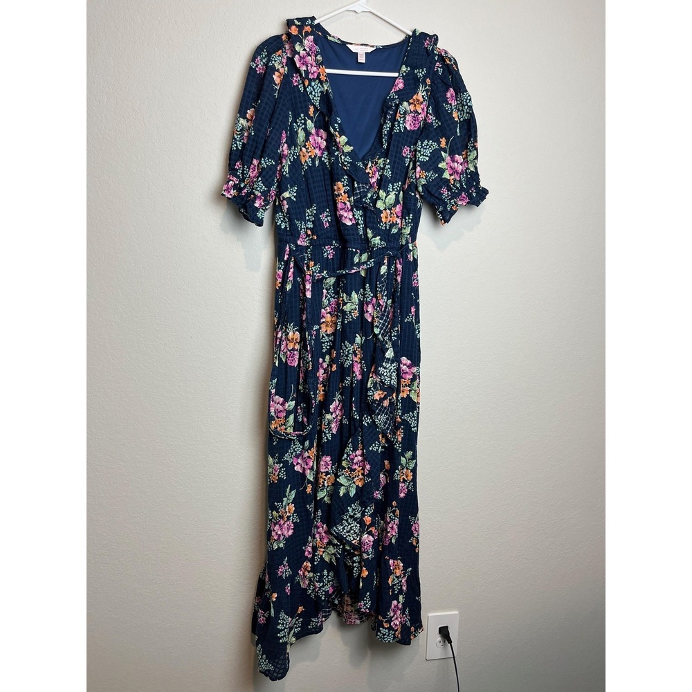 Lauren Conrad Dress Womens 0X Blue Floral Wrap Maxi Puff Sleeve Ruffle Belted